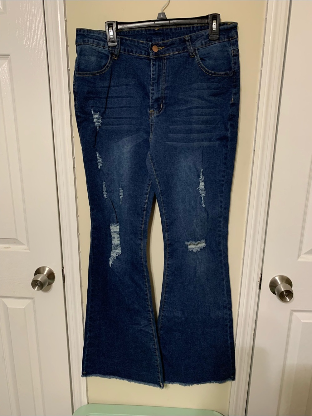 High-Rise Dark Blue Distressed Flare Jeans